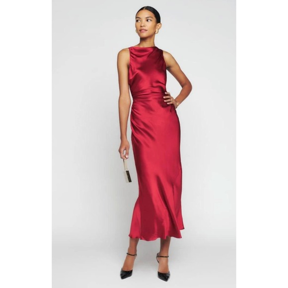 Reformation Dresses & Skirts - Reformation Casette Silk Dress 6 Red Open Back Cowl Neck Maxi Gown